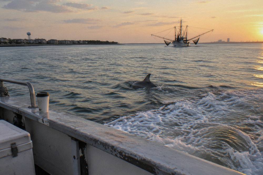 A bottlenose dolphin dorsal fin cutting through calm harbor water beside a boat wake