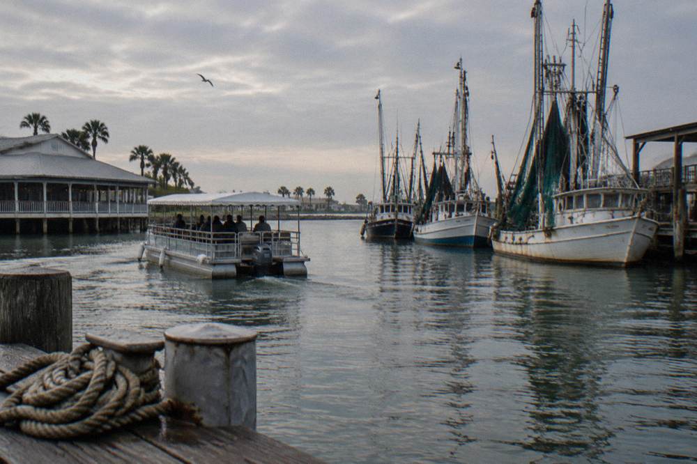 A covered tour boat moving through a quiet winter harbor past moored shrimp boats