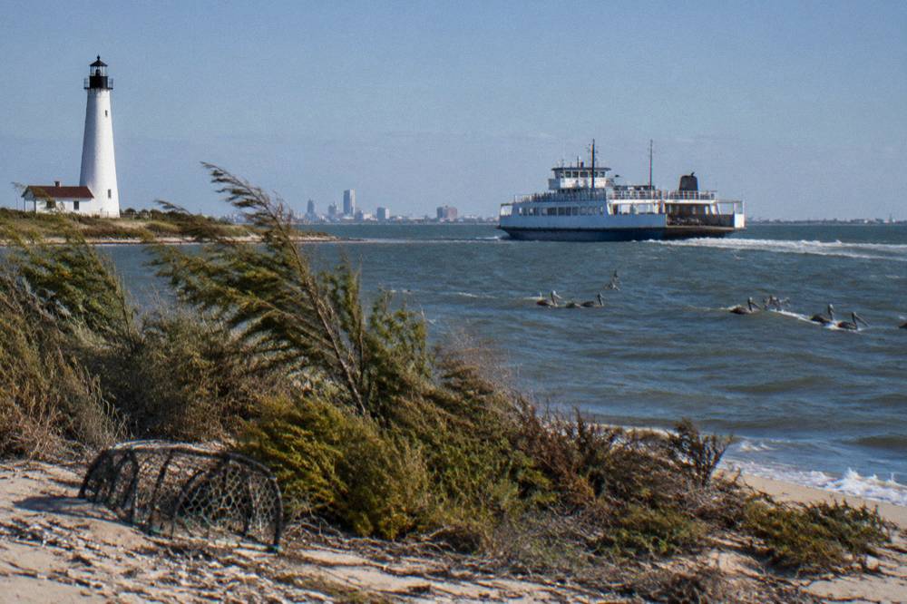A state ferry crossing open bay water with seabirds following the wake