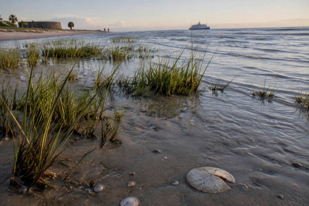 A calm bay shoreline with shallow flats and a ferry crossing in the distance