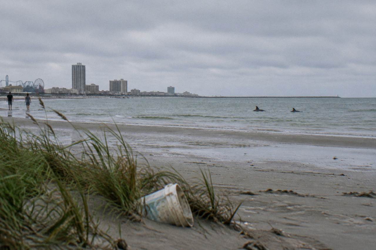 Calm bay water near a Galveston shoreline with distant dolphins surfacing