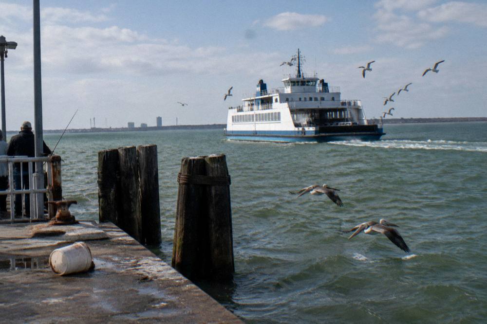 A ferry crossing open channel water with seabirds flying alongside