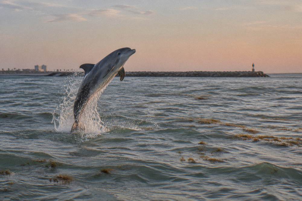 A dolphin leaping out of green bay water in early morning light near Galveston