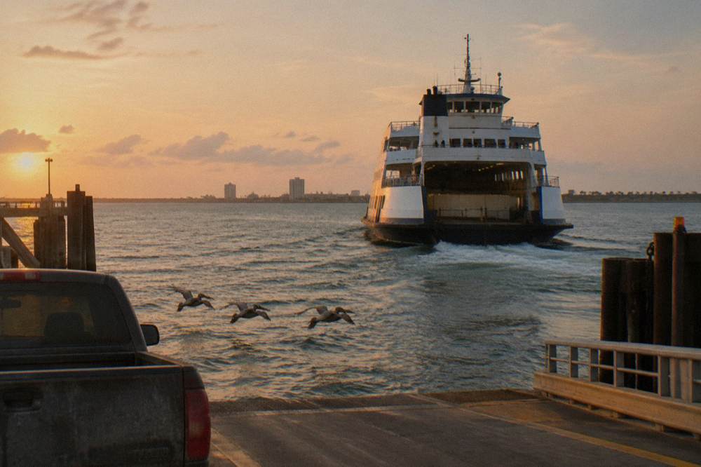 A ferry crossing open channel water with pelicans gliding alongside the bow