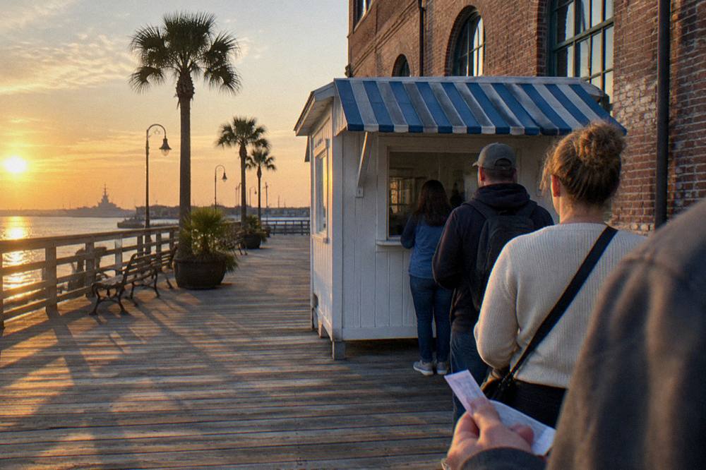 A tour kiosk beside a hotel entrance at a harbor pier with passengers waiting to board
