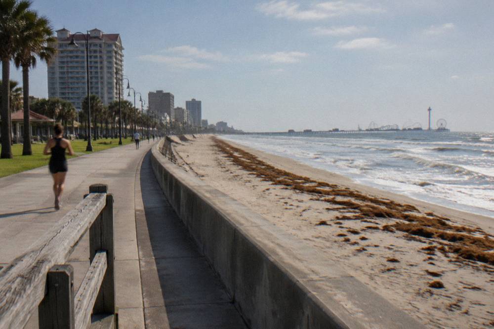 A long concrete promenade above a wide sandy beach with gentle surf
