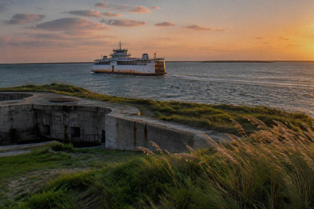 A passenger ferry crossing the Galveston channel at golden hour with open water on both sides