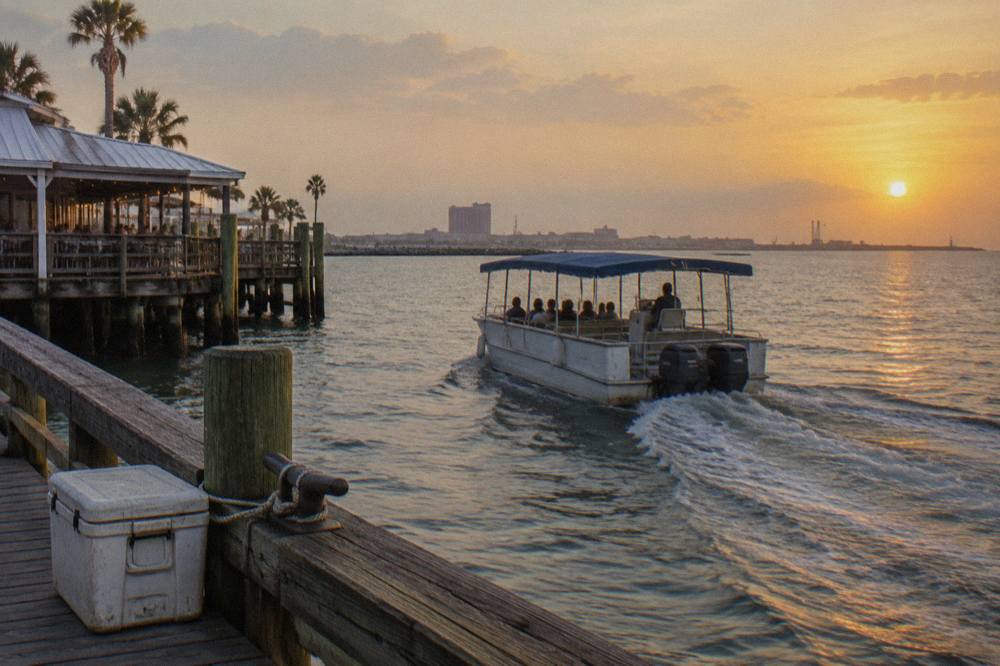 A tour boat pulling away from a wooden pier under a warm late-afternoon sky