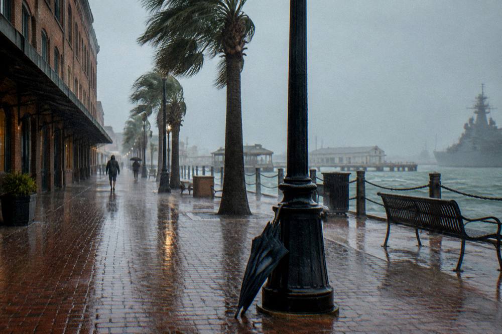 Rainy waterfront street with palm trees and historic brick buildings along a wet sidewalk