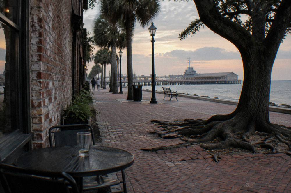A harbor front street with restaurants and shops a short walk from a wooden pier