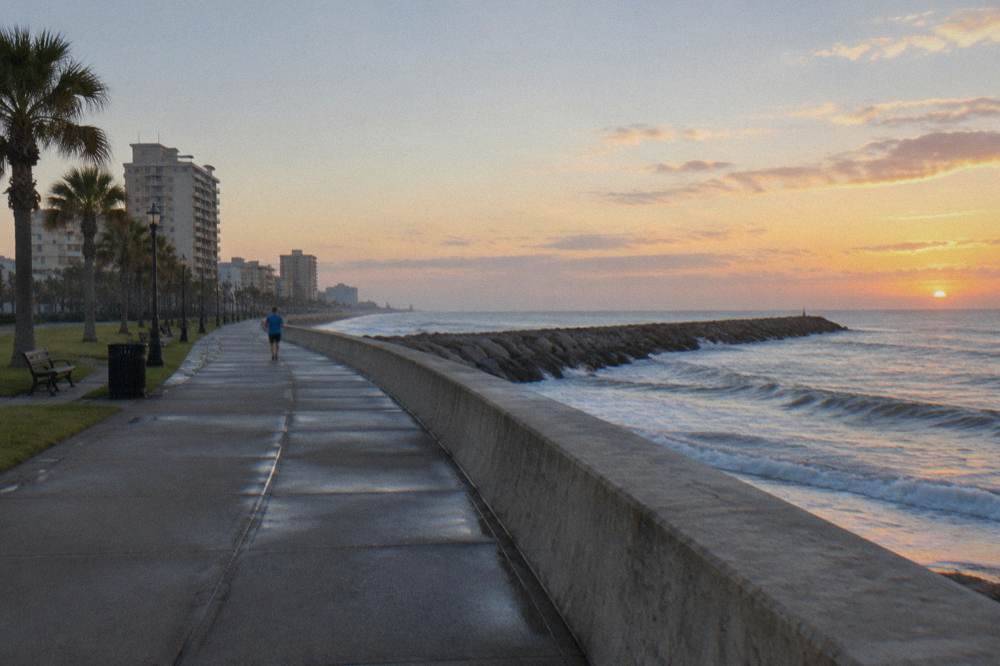 A concrete jetty extending into the Gulf beside a wide seawall promenade at sunrise
