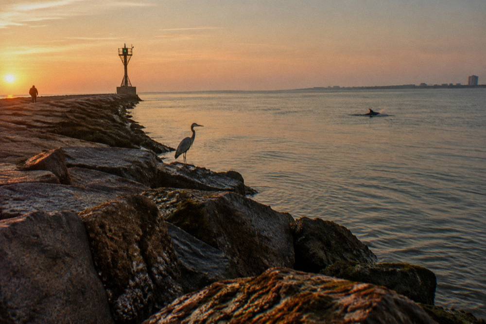 Golden early morning light over a calm harbor channel with a distant dolphin splash