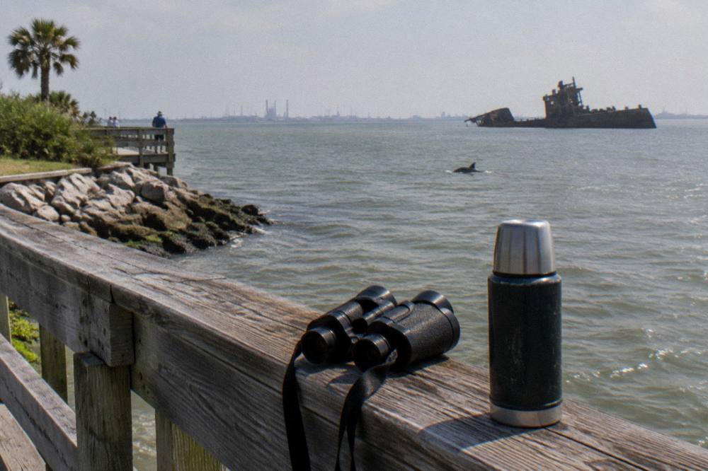 A pair of binoculars resting on a wooden railing overlooking a wide harbor channel